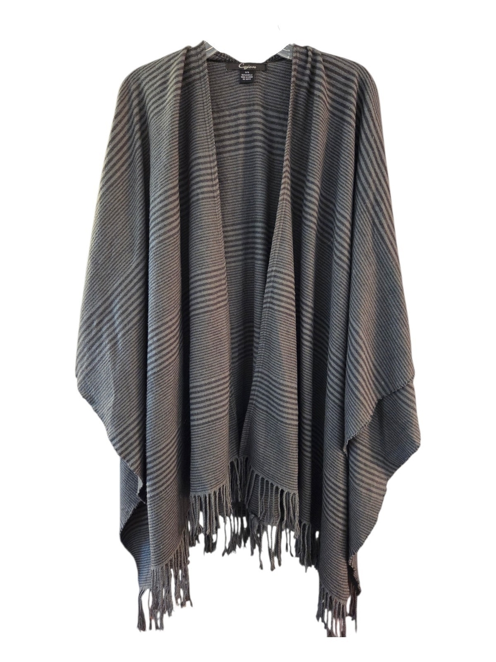 Cejon Gray Cozy Striped Open-Front Fringe Poncho - One Size (O/S)